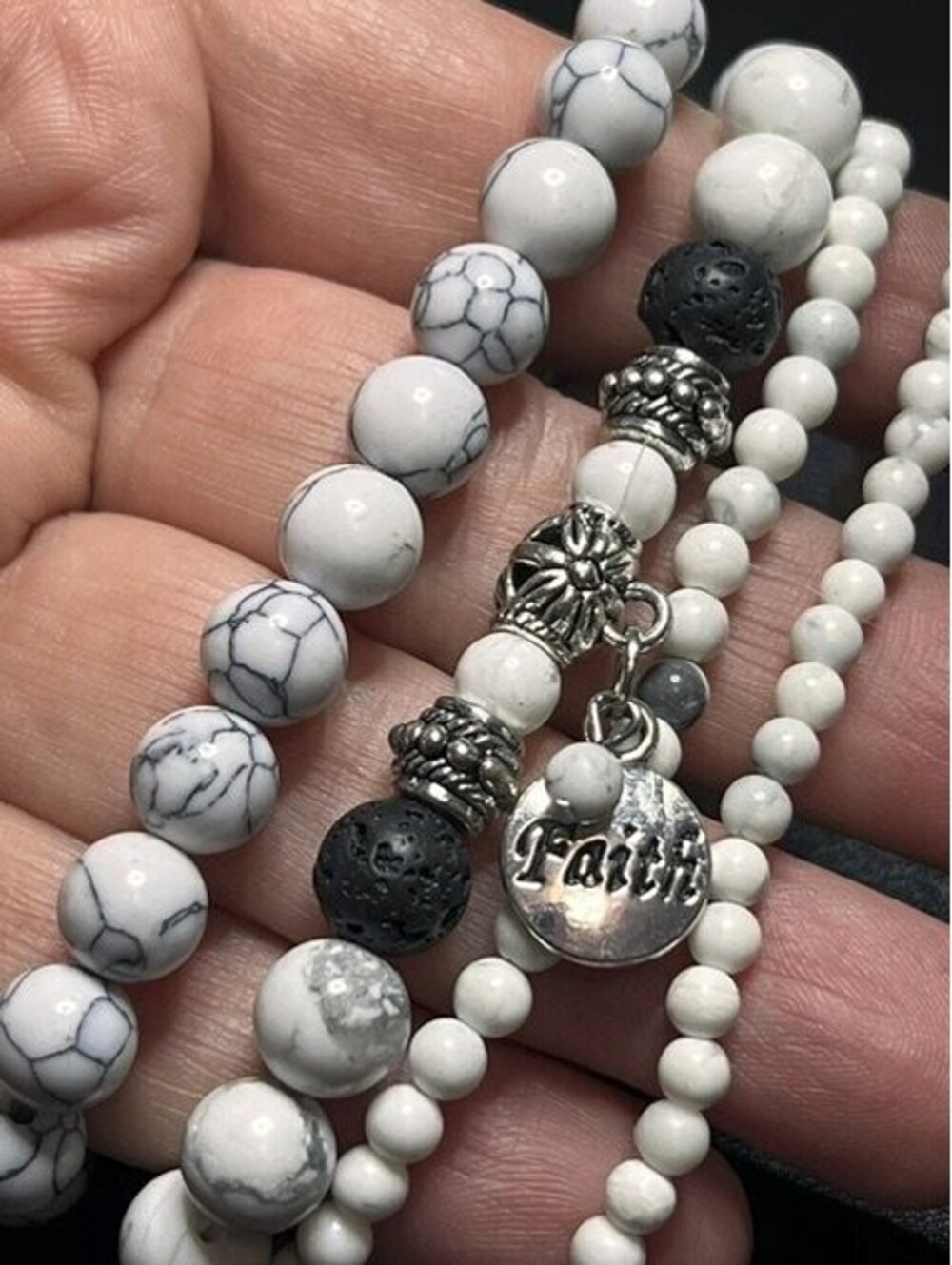 B6705 4pc Howlite Lava Stone Faith charm beaded Bracelet Set Stretch stack boho